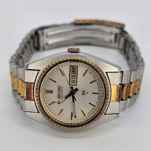 VTG Seiko SQ Watch Women 25mm White Dial Two Tone Daydate 6" Wrist New Battery - Picture 1 of 14